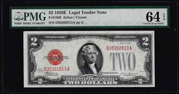 1928E $2 Legal Tender Note Fr.1506 PMG Choice Uncirculated 64EPQ: One 1928E $2 Legal Tender Note Fr.1506 PMG Choice Uncirculated 64EPQ. PMG Certified.