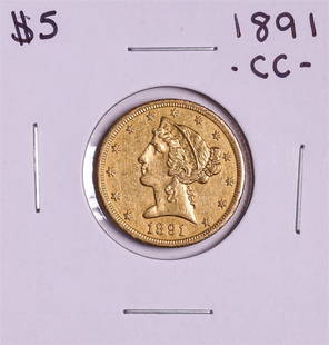 1891-CC $5 Liberty Head Half Eagle Gold Coin: One 1891-CC $5 Liberty Head Half Eagle Gold Coin.