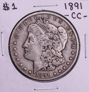 1891-CC $1 Morgan Silver Dollar Coin: One 1891-CC $1 Morgan Silver Dollar Coin.