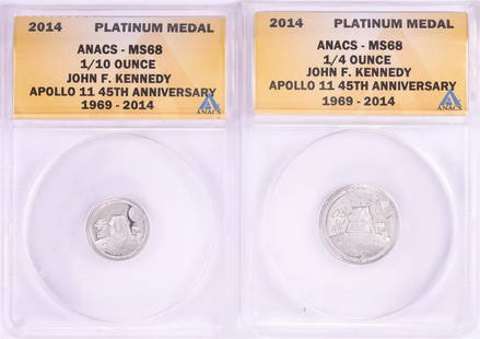 Set of 2014 Proof 1/10 & 1/4 oz Platinum JFK Apollo 11 Anniversary Medals ANACS MS68: One Set of 2014 Proof 1/10 & 1/4 oz Platinum JFK Apollo 11 Anniversary Medals ANACS MS68. ANACS Certified.