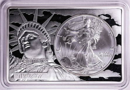 1997 $1 American Silver Eagle Coin & 2oz Silver Bar Set: One 1997 $1 American Silver Eagle Coin & 2oz Silver Bar Set.