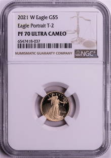2021-W Type 2 $5 Proof American Gold Eagle Coin NGC PF70 Ultra Cameo: One 2021-W Type 2 $5 Proof American Gold Eagle Coin NGC PF70 Ultra Cameo. NGC Certified.