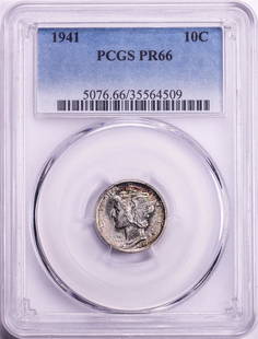 1941 Proof Mercury Dime Coin PCGS PR66: One 1941 Proof Mercury Dime Coin PCGS PR66. PCGS Graded.