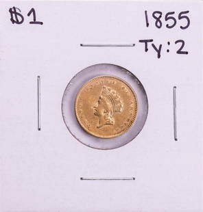 1855 Type 2 $1 Indian Princess Head Gold Dollar Coin: One 1855 Type 2 $1 Indian Princess Head Gold Dollar Coin.