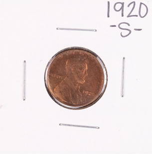 1920-S Lincoln Wheat Cent Coin: One 1920-S Lincoln Wheat Cent Coin.