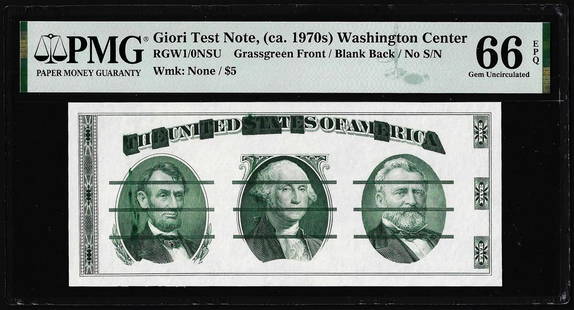 Circa 1970's Washington Center Giori Test Note PMG Gem Uncirculated 66EPQ: One Circa 1970's Washington Center Giori Test Note PMG Gem Uncirculated 66EPQ. PMG Certified.