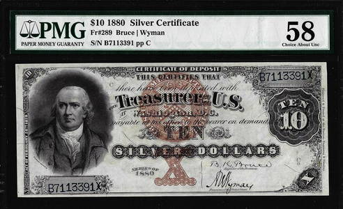 1880 $10 Morris Silver Certificate Note Fr.289 PMG Choice About Uncirculated 58