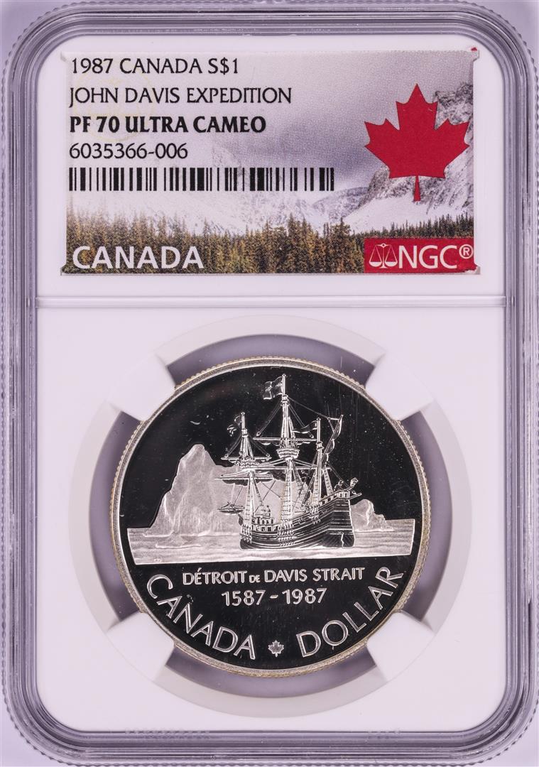 1987 $1 Canada Proof John Davis Expedition Silver Dollar Coin NGC PF 70 Ultra Cameo: One 1987 $1 Canada Proof John Davis Expedition Silver Dollar Coin NGC PF 70 Ultra Cameo. NGC Certified.