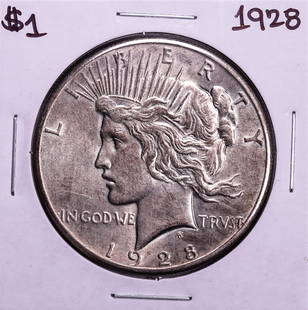 1928 $1 Peace Silver Dollar Coin: One 1928 $1 Peace Silver Dollar Coin.