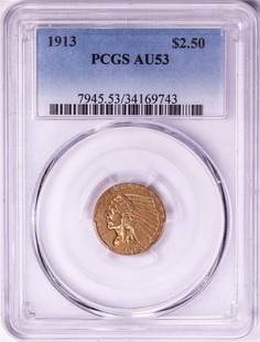 1913 $2 1/2 Indian Head Quarter Eagle Gold Coin PCGS AU53: One 1913 $2 1/2 Indian Head Quarter Eagle Gold Coin PCGS AU53. PCGS Graded.