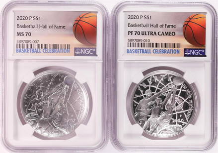 Lot of (2) 2020 P $1 Basketball Hall of Fame Silver Coin NGC MS/PF70: One Lot of (2) 2020 P $1 Basketball Hall of Fame Silver Coin NGC MS/PF70. NGC Certified.