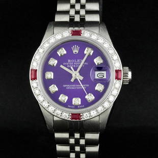 Rolex Ladies Stainless Steel Purple Diamond & Ruby Datejust Wristwatch: One Ladies Stainless Steel Rolex Datejust Polished Bright with Satin Finish, Serviced & Electronically Tested, Stainless Steel Case: 26mm, Stainless Steel Crown, Custom Bezel: New 18K White Gold Ruby