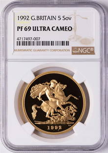 1992 Great Britain 5 Sovereigns Proof Gold Coin NGC PF69 Ultra Cameo: One 1992 Great Britain 5 Sovereigns Proof Gold Coin NGC PF69 Ultra Cameo. NGC Certified.