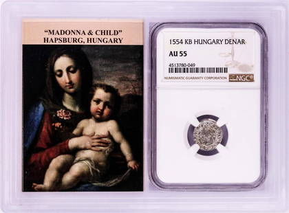 1554 KB Hungary Denar 'Madonna and Child' Coin NGC AU55 w/ Story Box: One 1554 KB Hungary Denar 'Madonna and Child' Coin NGC AU55 w/ Story Box. NGC Certified.