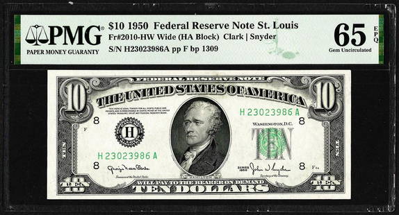 1950 $10 Federal Reserve Note St. Louis Fr.2010-HW PMG Gem Uncirculated 65EPQ: One 1950 $10 Federal Reserve Note St. Louis Fr.2010-HW PMG Gem Uncirculated 65EPQ. PMG Certified.