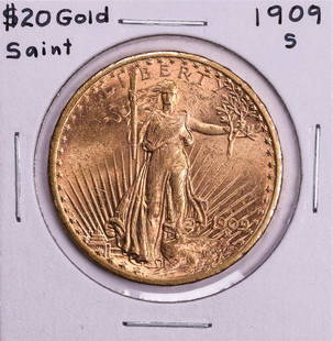 1909-S $20 St. Gaudens Double Eagle Gold Coin: One 1909-S $20 St. Gaudens Double Eagle Gold Coin.