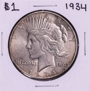 1934 $1 Peace Silver Dollar Coin: One 1934 $1 Peace Silver Dollar Coin.