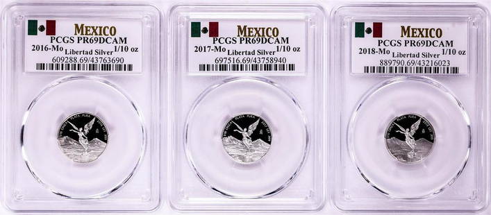 2016-2018-Mo Mexico Proof 1/10 oz Silver Libertad Coins PCGS PR69DCAM: One 2016-2018-Mo Mexico Proof 1/10 oz Silver Libertad Coins PCGS PR69DCAM. PCGS Graded.