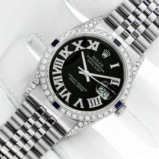 Rolex Men's Stainless Steel Black Roman Diamond & Sapphire Datejust Wristwatch: One Men's Stainless Steel Rolex Quickset Datejust Polished Bright with Satin Finish, Serviced & Electronically Tested, Rolex Stainless Steel Case: 36mm, Custom Diamond Lugs: 24 Diamonds On Lugs,