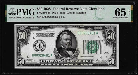 1928 $50 Federal Reserve Note Cleveland Fr.2100-D PMG Gem Uncirculated 65EPQ