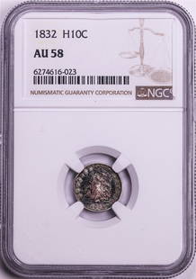 1832 Capped Bust Half Dime Coin NGC AU58: One 1832 Capped Bust Half Dime Coin NGC AU58. NGC Certified.