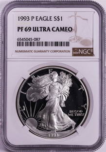 1993-P $1 Proof American Silver Eagle Coin NGC PF69 Ultra Cameo: One 1993-P $1 Proof American Silver Eagle Coin NGC PF69 Ultra Cameo. NGC Certified.