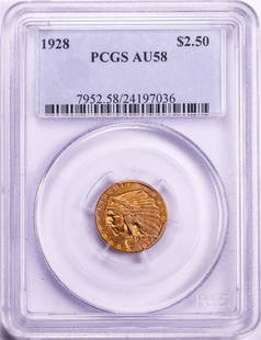 1928 $2 1/2 Indian Head Quarter Eagle Gold Coin PCGS AU58: One 1928 $2 1/2 Indian Head Quarter Eagle Gold Coin PCGS AU58. PCGS Graded.