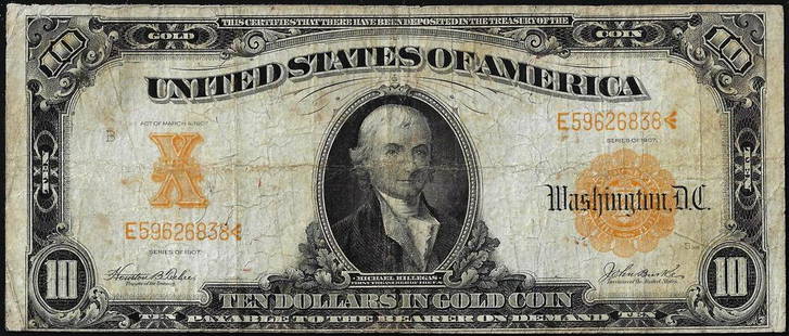 1907 $10 Gold Certificate Note: One 1907 $10 Gold Certificate Note.