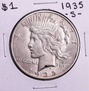 1935-S $1 Peace Silver Dollar Coin: One 1935-S $1 Peace Silver Dollar Coin.