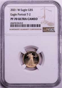 2021-W Type 2 $5 Proof American Gold Eagle Coin NGC PF70 Ultra Cameo: One 2021-W Type 2 $5 Proof American Gold Eagle Coin NGC PF70 Ultra Cameo. NGC Certified.