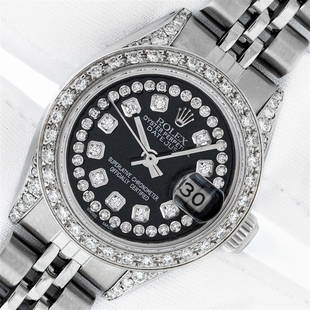 Rolex Ladies Stainless Steel Black Diamond Datejust Wristwatch: One Ladies Stainless Steel Rolex Datejust Polished Bright with Satin Finish, Serviced & Electronically Tested, Rolex Stainless Steel Case: 26mm, Rolex Stainless Steel Crown, Diamond Lugs: 24 Diamonds