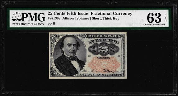 1874 Fifth Issue 25 Cents Fractional Currency Note Fr.1309 PMG Ch. Uncirculated 63EPQ: One 1874 Fifth Issue 25 Cents Fractional Currency Note Fr.1309 PMG Ch. Uncirculated 63EPQ. PMG Certified.