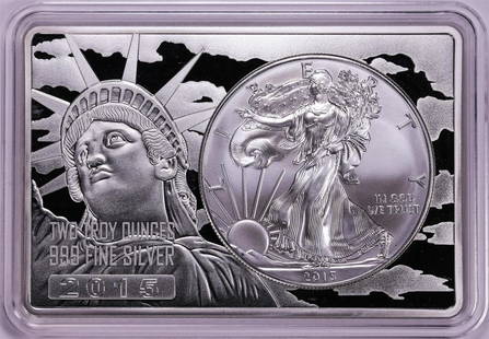 2015 $1 American Silver Eagle Coin & 2oz Silver Bar Set: One 2015 $1 American Silver Eagle Coin & 2oz Silver Bar Set.