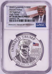 2020 Cameroon 1000 Francs High Relief Donald Trump Silver Coin NGC PF70 Ultra Cameo: One 2020 Cameroon 1000 Francs High Relief Donald Trump Silver Coin NGC PF70 Ultra Cameo.