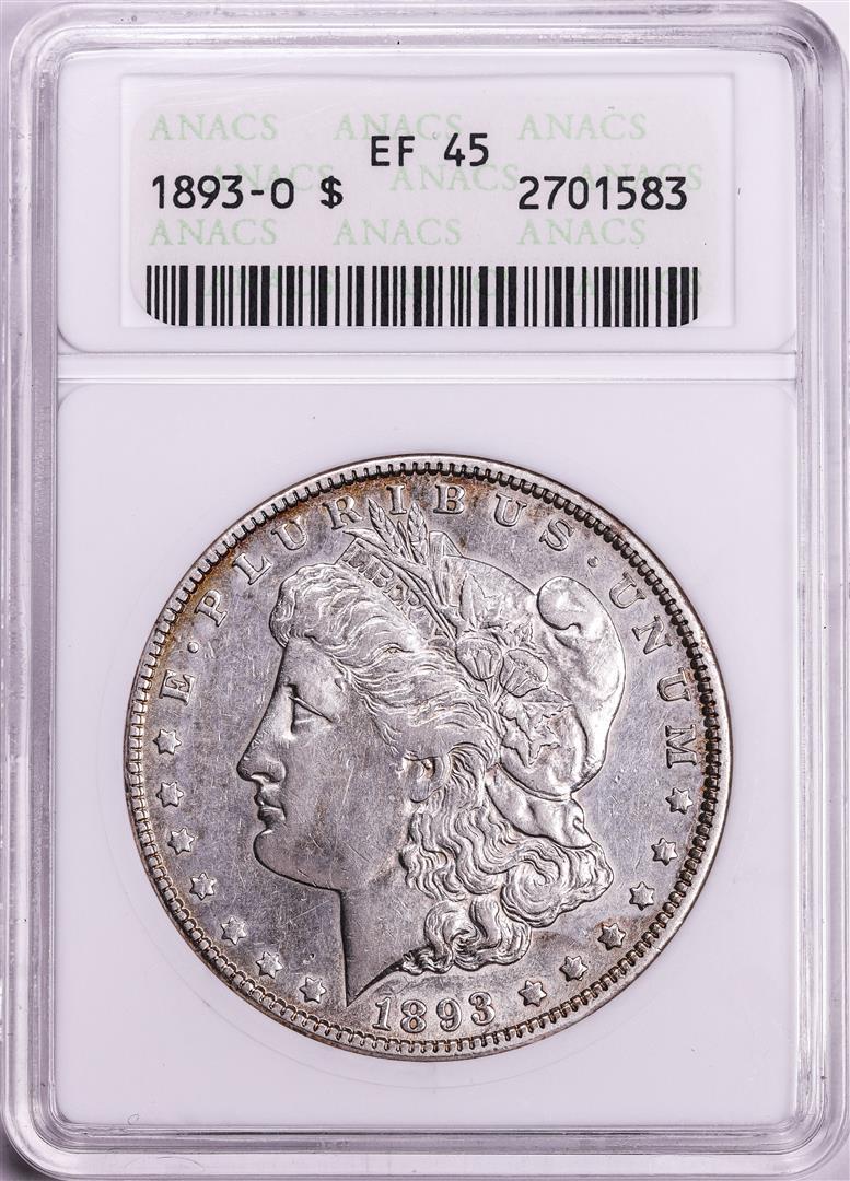 1893-O $1 Morgan Silver Dollar Coin ANACS XF45 Old Soap Box Holder: One 1893-O $1 Morgan Silver Dollar Coin ANACS XF45 Old Soap Box Holder. ANACS Certified.
