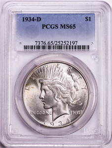 1934-D $1 Peace Silver Dollar Coin PCGS MS65