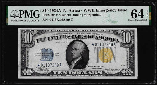 1934A $10 North Africa WWII Silver Certificate Star Note Fr.2309* PMG Ch. Unc. 64EPQ