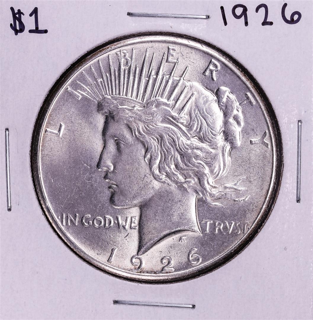 1926 $1 Peace Silver Dollar Coin: One 1926 $1 Peace Silver Dollar Coin.