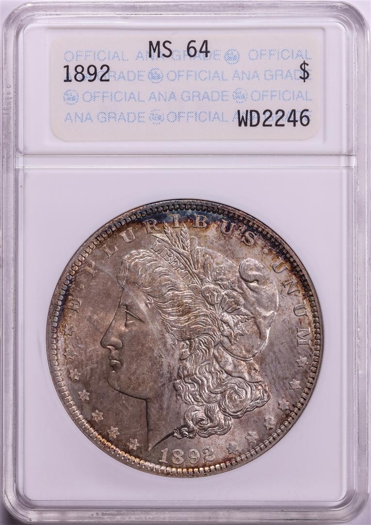 1892 $1 Morgan Silver Dollar Coin ANACS MS64 Old Soap Box Holder Nice Toning: One 1892 $1 Morgan Silver Dollar Coin ANACS MS64 Old Soap Box Holder Nice Toning. ANACS Certified.