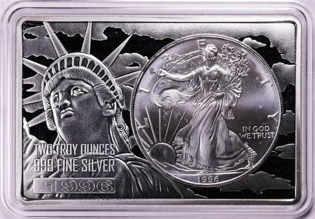 1996 $1 American Silver Eagle Coin & 2oz Silver Bar Set: One 1996 $1 American Silver Eagle Coin & 2oz Silver Bar Set.