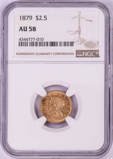 1879 $2 1/2 Liberty Head Quarter Eagle Gold Coin NGC AU58: One 1879 $2 1/2 Liberty Head Quarter Eagle Gold Coin NGC AU58. NGC Certified.