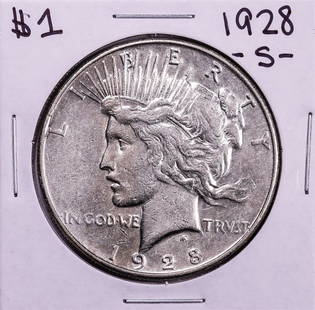 1928-S $1 Peace Silver Dollar Coin: One 1928-S $1 Peace Silver Dollar Coin.