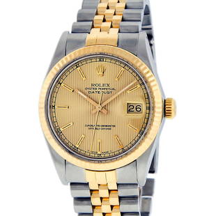 Rolex Mens Two Tone Champagne Tapestry Index Datejust Oyster Perpetual Wristwatch: One Mens Yellow Gold Two Tone Rolex Datejust Polished, Serviced & Electronically Tested, Yellow Gold & Stainless Steel Case: 36mm, Yellow Gold Crown, Bezel: Yellow Gold Fluted Bezel. Custom Crystal: