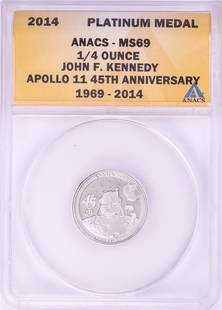 2014 Proof 1/4 oz Platinum JFK Apollo 11 Anniversary Medal ANACS MS69: One 2014 Proof 1/4 oz Platinum JFK Apollo 11 Anniversary Medal ANACS MS69. ANACS Certified.