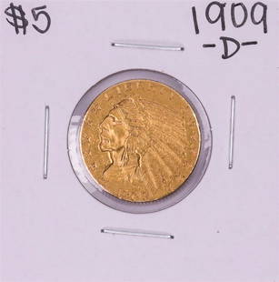 1909-D $5 Indian Head Half Eagle Gold Coin: One 1909-D $5 Indian Head Half Eagle Gold Coin.