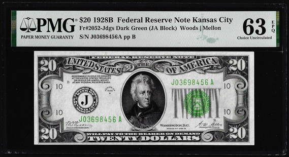 1928B $20 Federal Reserve Note Kansas City Fr.2052-J PMG Choice Uncirculated 63EPQ: One 1928B $20 Federal Reserve Note Kansas City Fr.2052-J PMG Choice Uncirculated 63EPQ. PMG Certified.