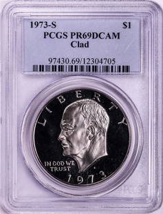 1973-S $1 Proof Eisenhower Clad Dollar Coin PCGS PR69DCAM: One 1973-S $1 Proof Eisenhower Clad Dollar Coin PCGS PR69DCAM. PCGS Graded.