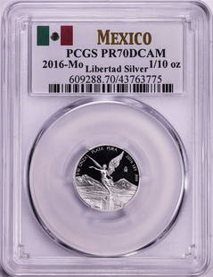 2016-Mo Mexico Proof 1/10 oz Silver Libertad Coin PCGS PR70DCAM: One 2016-Mo Mexico Proof 1/10 oz Silver Libertad Coin PCGS PR70DCAM. PCGS Graded.