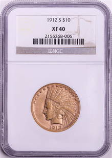 1912-S $10 Indian Head Eagle Gold Coin NGC XF40: One 1912-S $10 Indian Head Eagle Gold Coin NGC XF40. NGC Certified.