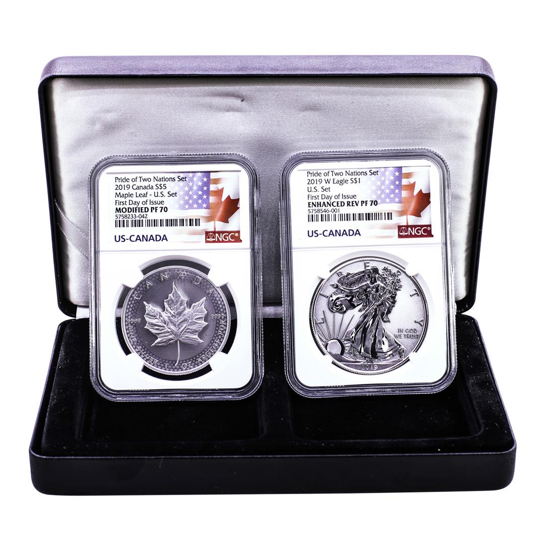 2019 Pride of Two Nations (2) Coin Proof Silver Eagle & Maple Leaf Set NGC PF70: One 2019 Pride of Two Nations (2) Coin Proof Silver Eagle & Maple Leaf Set NGC PF70. NGC Certified.
